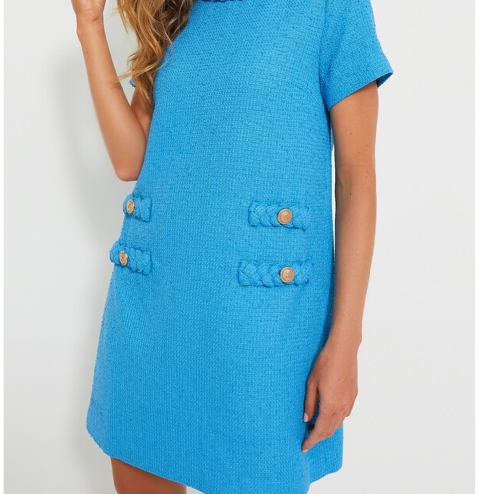 Chic Blue Short Sleeve Dress with Button Accents
